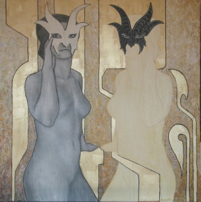 Acrylbild von zwei weiblichen maskierten Figuren vor hellem abstrakten Formen.